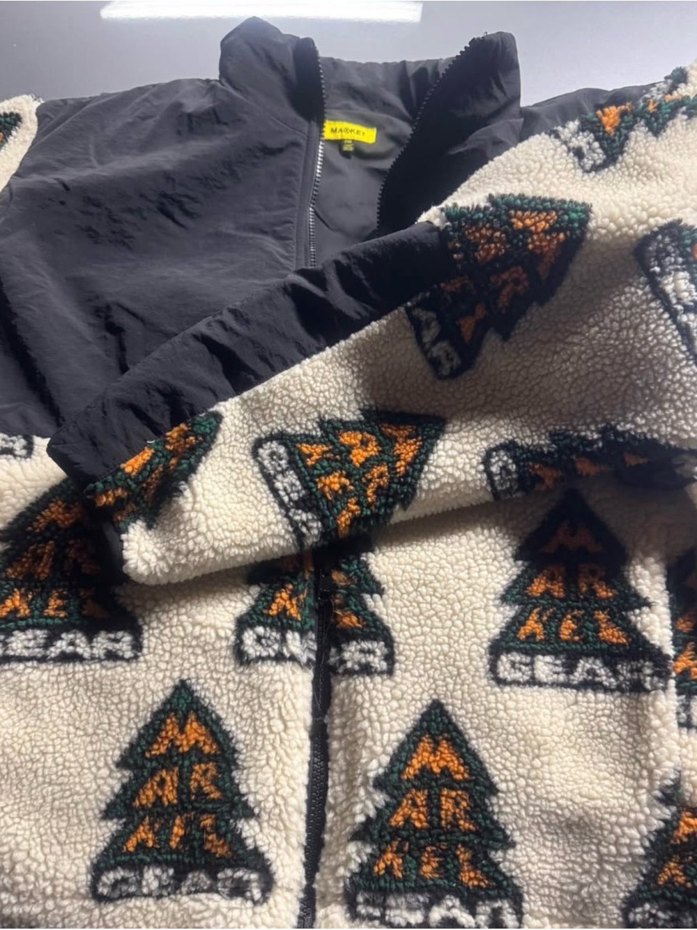 Chinatown Cream Sherpa Jacket with Black Yoke and Green & Orange Tree Pattern